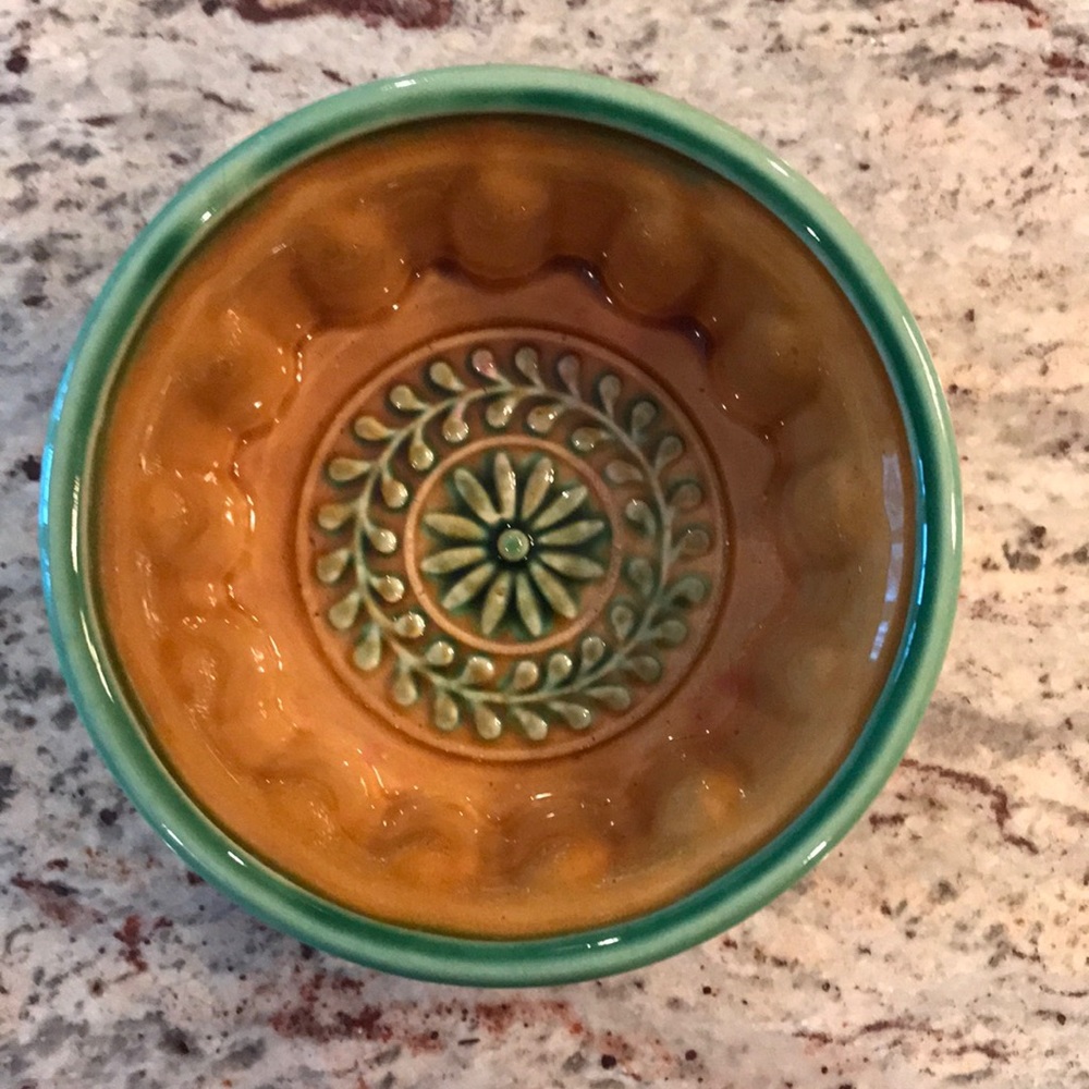 Signed Hungary Fluted Glazed Pottery Bowl or Mold Green & Brown Floral D…